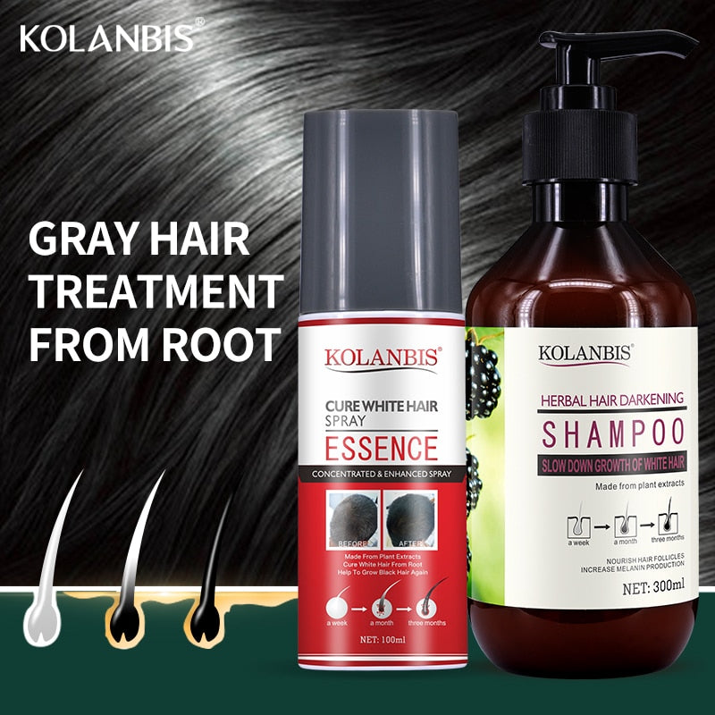 2 pieces organic black hair product hair shampoo and  cure white hair oil spray set for  anti gray hair treatment no side effect