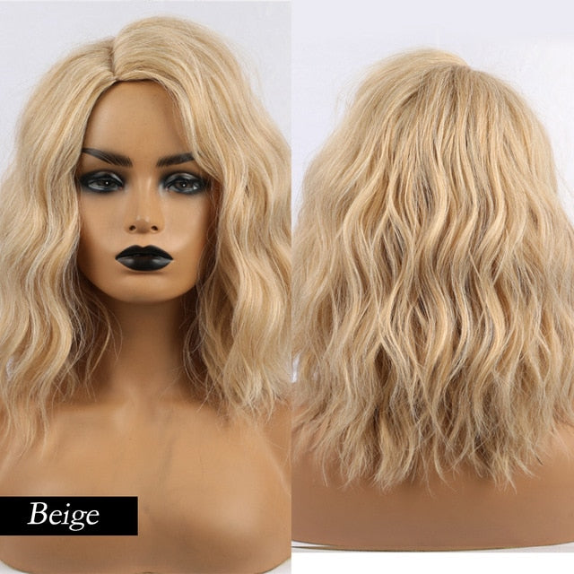 JONRENAU High Quality Short Natural Wave Hair Synthetic Wigs with Neat Bangs for Women Pink Beige Brown 3 Colors for Choose