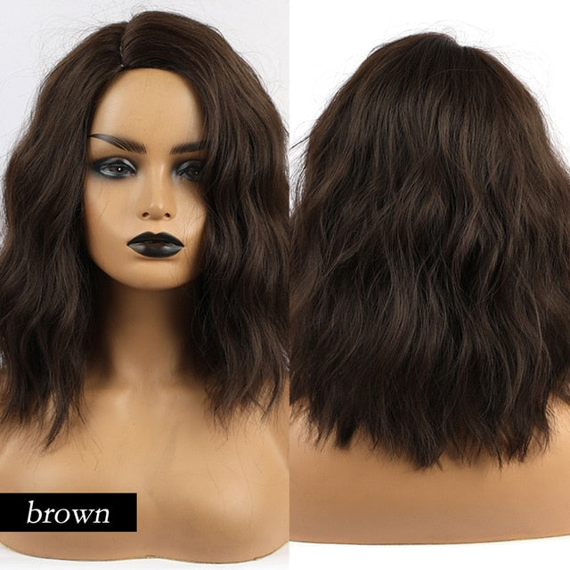 JONRENAU High Quality Short Natural Wave Hair Synthetic Wigs with Neat Bangs for Women Pink Beige Brown 3 Colors for Choose