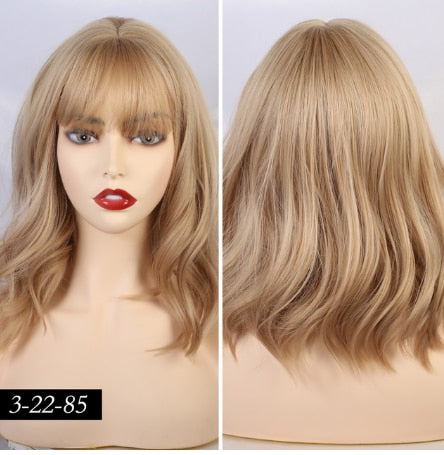 JONRENAU High Quality Short Natural Wave Hair Synthetic Wigs with Neat Bangs for Women Pink Beige Brown 3 Colors for Choose