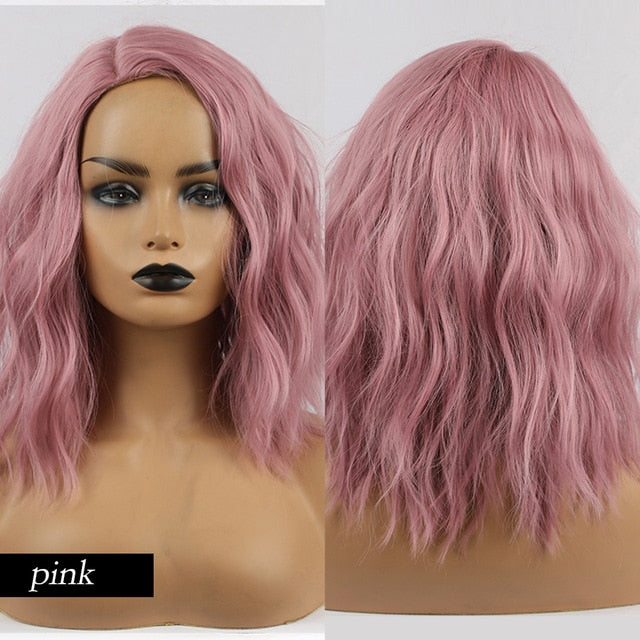 JONRENAU High Quality Short Natural Wave Hair Synthetic Wigs with Neat Bangs for Women Pink Beige Brown 3 Colors for Choose