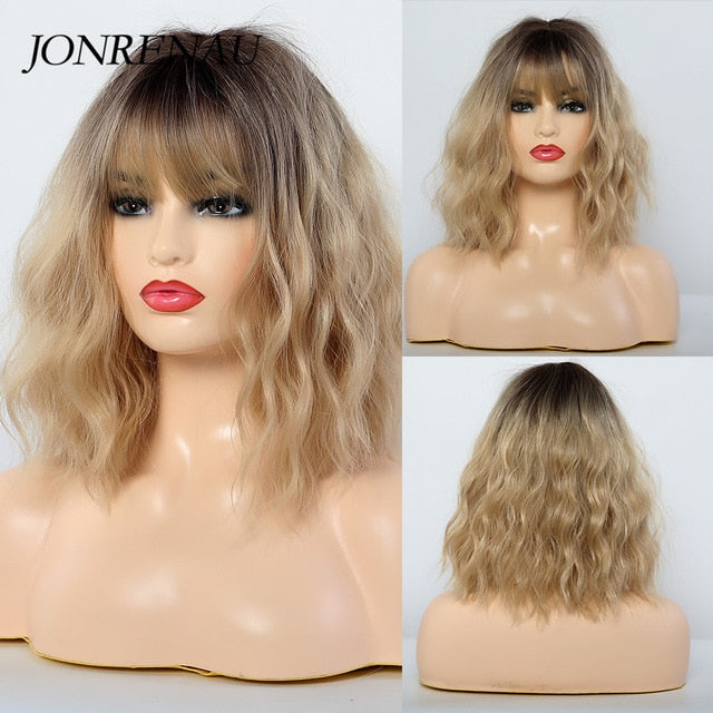 JONRENAU High Quality Short Natural Wave Hair Synthetic Wigs with Neat Bangs for Women Pink Beige Brown 3 Colors for Choose