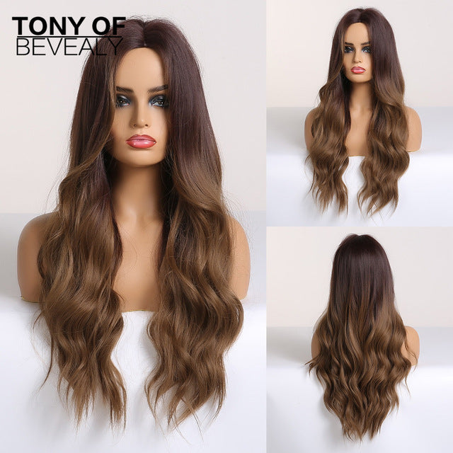 Long Water Wavy Synthetic Wigs Ombre Brown Middle Part Natural Hair Wigs For Women Cosplay Wigs Heat Resistant Fiber