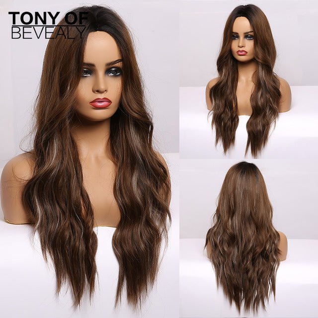 Long Water Wavy Synthetic Wigs Ombre Brown Middle Part Natural Hair Wigs For Women Cosplay Wigs Heat Resistant Fiber
