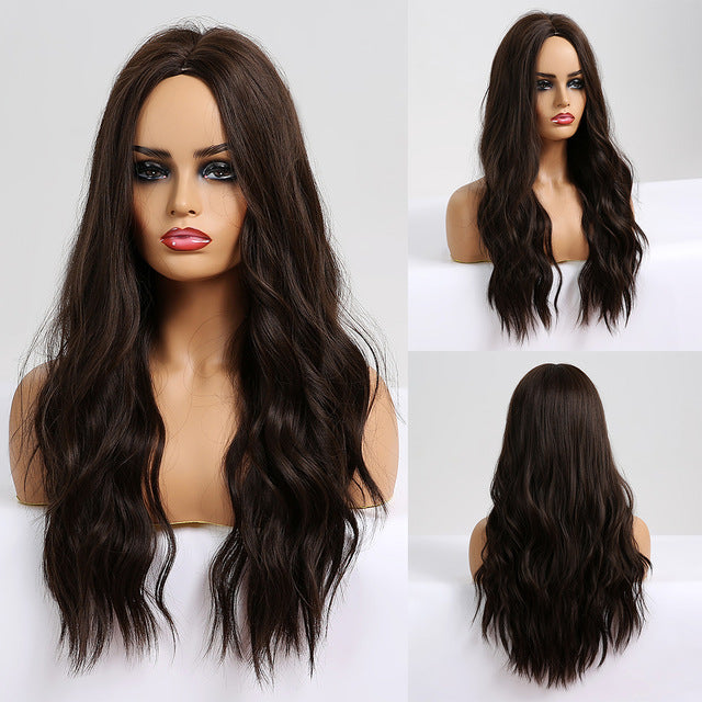 Long Water Wavy Synthetic Wigs Ombre Brown Middle Part Natural Hair Wigs For Women Cosplay Wigs Heat Resistant Fiber