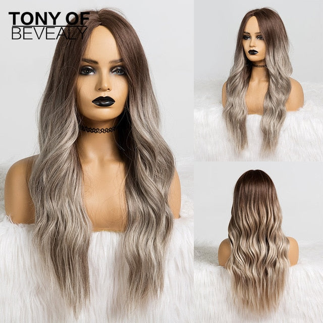 Long Water Wavy Synthetic Wigs Ombre Brown Middle Part Natural Hair Wigs For Women Cosplay Wigs Heat Resistant Fiber