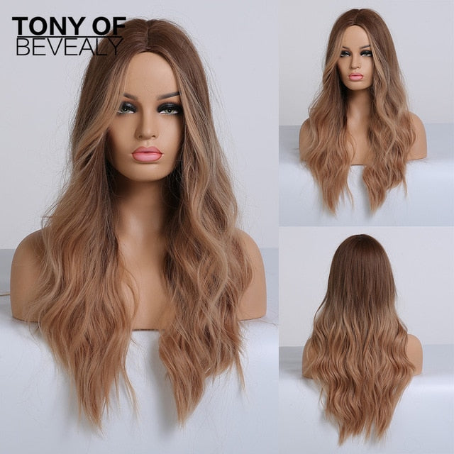 Long Water Wavy Synthetic Wigs Ombre Brown Middle Part Natural Hair Wigs For Women Cosplay Wigs Heat Resistant Fiber