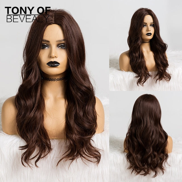 Long Water Wavy Synthetic Wigs Ombre Brown Middle Part Natural Hair Wigs For Women Cosplay Wigs Heat Resistant Fiber