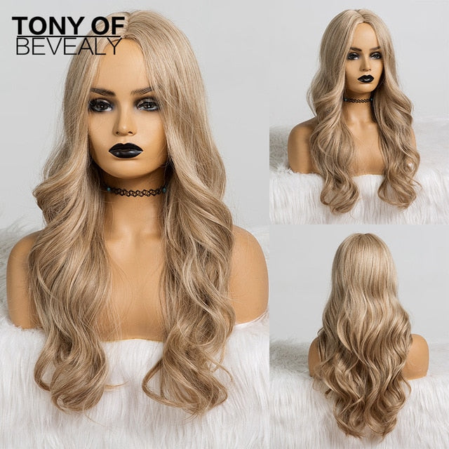 Long Water Wavy Synthetic Wigs Ombre Brown Middle Part Natural Hair Wigs For Women Cosplay Wigs Heat Resistant Fiber