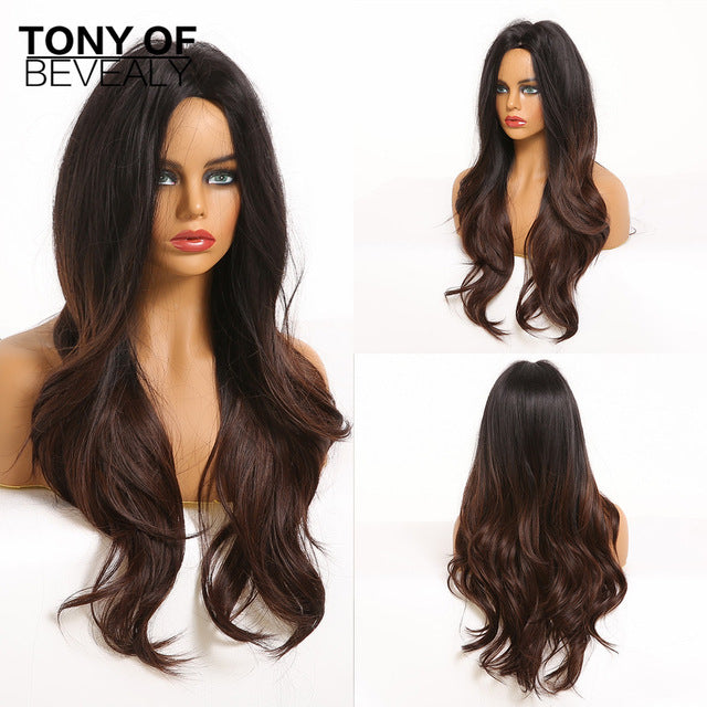Long Water Wavy Synthetic Wigs Ombre Brown Middle Part Natural Hair Wigs For Women Cosplay Wigs Heat Resistant Fiber