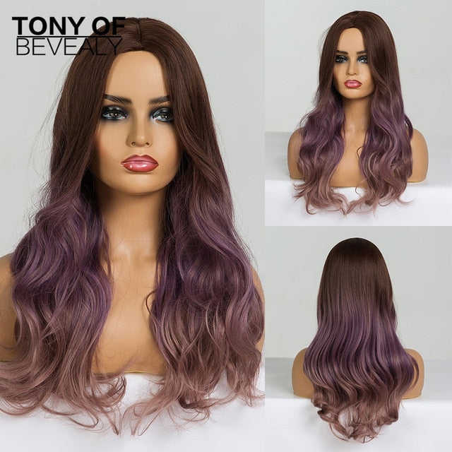 Long Water Wavy Synthetic Wigs Ombre Brown Middle Part Natural Hair Wigs For Women Cosplay Wigs Heat Resistant Fiber