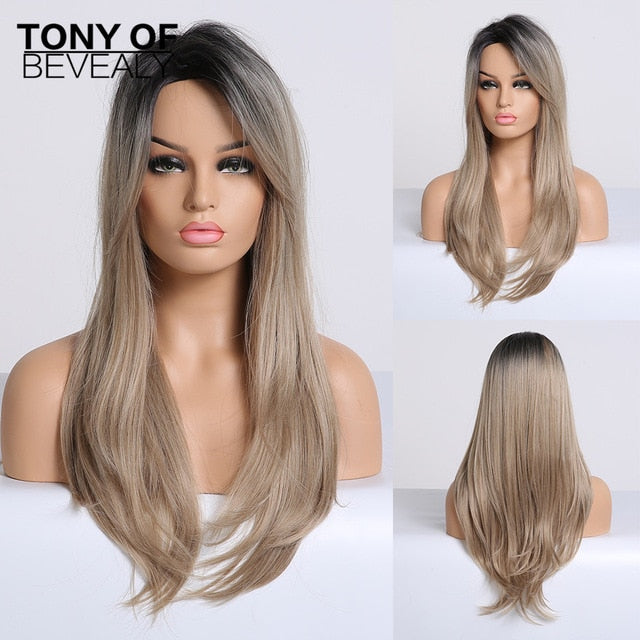 Long Water Wavy Synthetic Wigs Ombre Brown Middle Part Natural Hair Wigs For Women Cosplay Wigs Heat Resistant Fiber