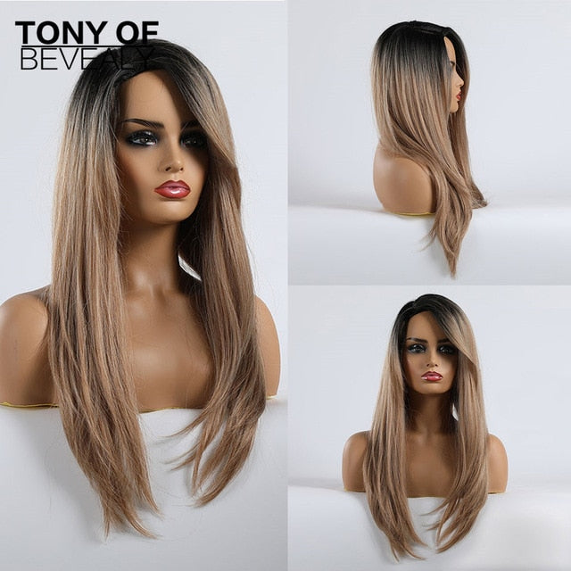 Long Water Wavy Synthetic Wigs Ombre Brown Middle Part Natural Hair Wigs For Women Cosplay Wigs Heat Resistant Fiber