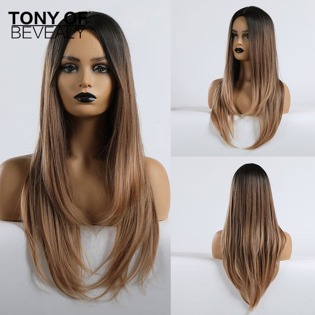 Long Water Wavy Synthetic Wigs Ombre Brown Middle Part Natural Hair Wigs For Women Cosplay Wigs Heat Resistant Fiber