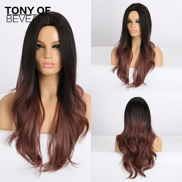 Long Water Wavy Synthetic Wigs Ombre Brown Middle Part Natural Hair Wigs For Women Cosplay Wigs Heat Resistant Fiber