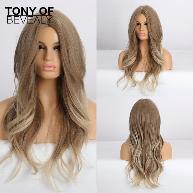 Long Water Wavy Synthetic Wigs Ombre Brown Middle Part Natural Hair Wigs For Women Cosplay Wigs Heat Resistant Fiber