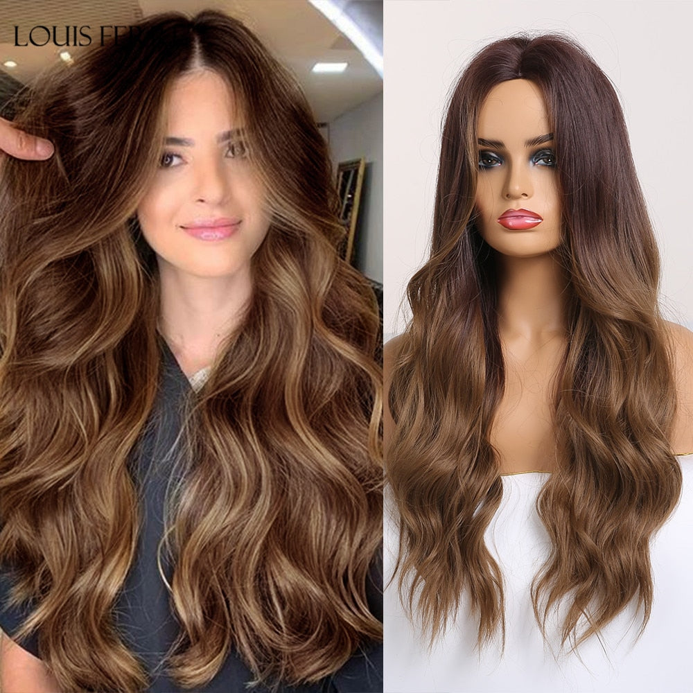 LOUIS FERRE Long Ombre Black Brown Wavy Wigs Hightlight Natural Middle  Part Synthetic Wig for Women Cosplay Heat Resistant Hair
