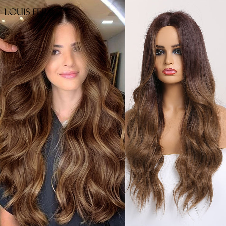 LOUIS FERRE Long Ombre Black Brown Wavy Wigs Hightlight Natural Middle  Part Synthetic Wig for Women Cosplay Heat Resistant Hair