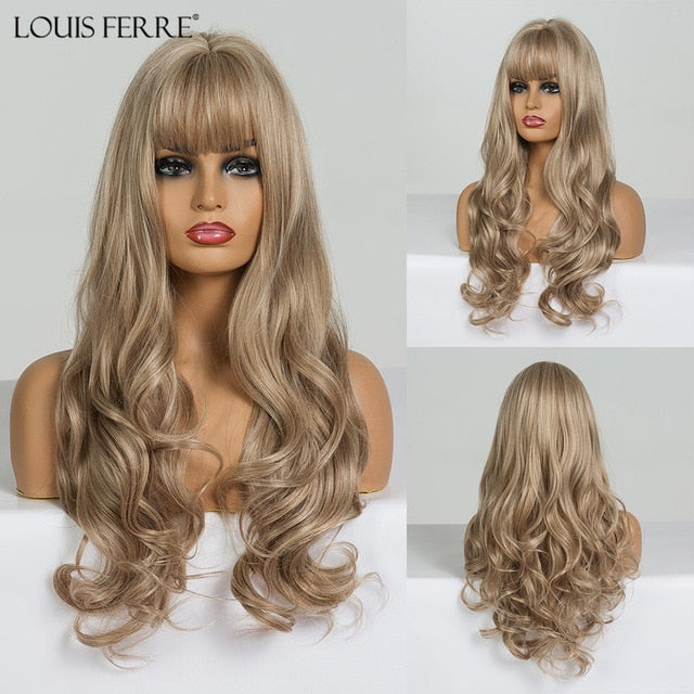 LOUIS FERRE Long Ombre Black Brown Wavy Wigs Hightlight Natural Middle  Part Synthetic Wig for Women Cosplay Heat Resistant Hair