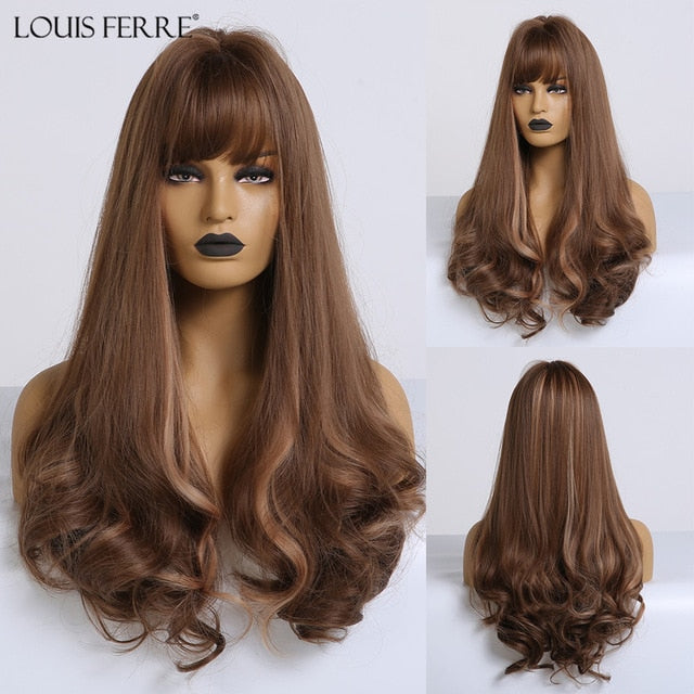 LOUIS FERRE Long Ombre Black Brown Wavy Wigs Hightlight Natural Middle  Part Synthetic Wig for Women Cosplay Heat Resistant Hair