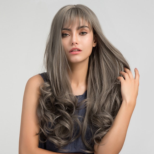 LOUIS FERRE Long Ombre Black Brown Wavy Wigs Hightlight Natural Middle  Part Synthetic Wig for Women Cosplay Heat Resistant Hair