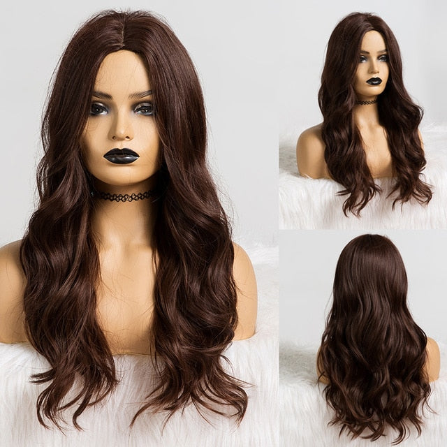 LOUIS FERRE Long Ombre Black Brown Wavy Wigs Hightlight Natural Middle  Part Synthetic Wig for Women Cosplay Heat Resistant Hair