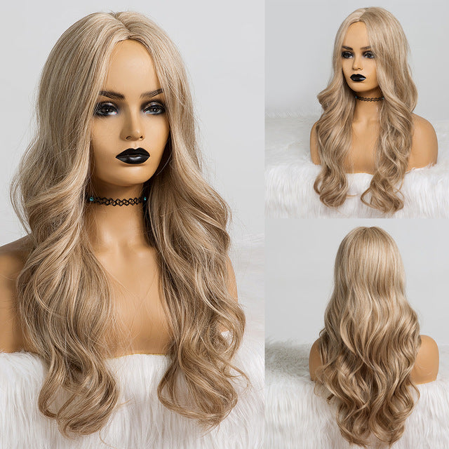 LOUIS FERRE Long Ombre Black Brown Wavy Wigs Hightlight Natural Middle  Part Synthetic Wig for Women Cosplay Heat Resistant Hair
