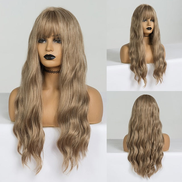 LOUIS FERRE Long Ombre Black Brown Wavy Wigs Hightlight Natural Middle  Part Synthetic Wig for Women Cosplay Heat Resistant Hair