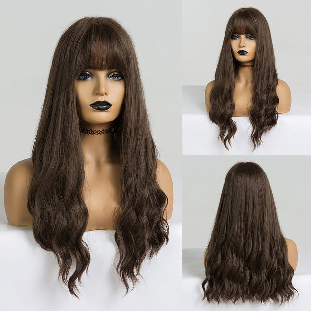LOUIS FERRE Long Ombre Black Brown Wavy Wigs Hightlight Natural Middle  Part Synthetic Wig for Women Cosplay Heat Resistant Hair