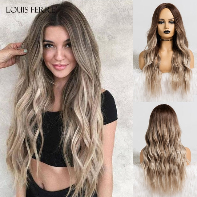 LOUIS FERRE Long Ombre Black Brown Wavy Wigs Hightlight Natural Middle  Part Synthetic Wig for Women Cosplay Heat Resistant Hair