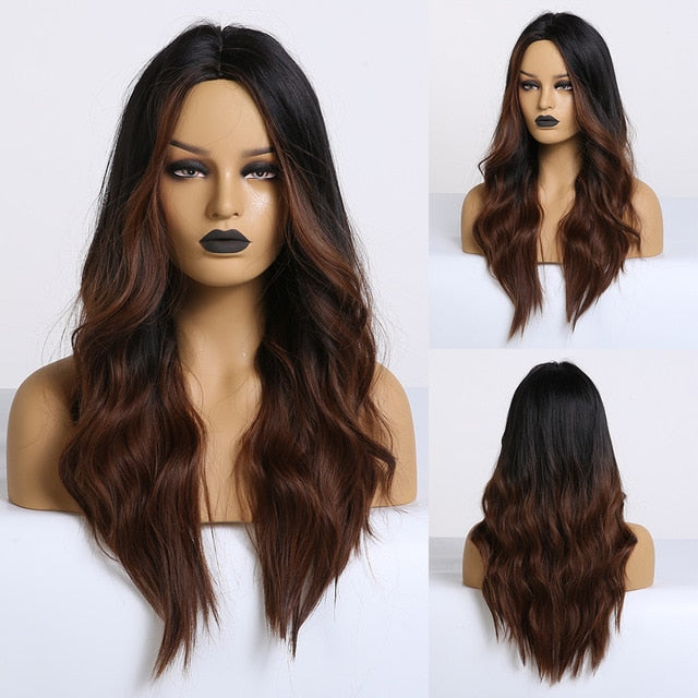 LOUIS FERRE Long Ombre Black Brown Wavy Wigs Hightlight Natural Middle  Part Synthetic Wig for Women Cosplay Heat Resistant Hair