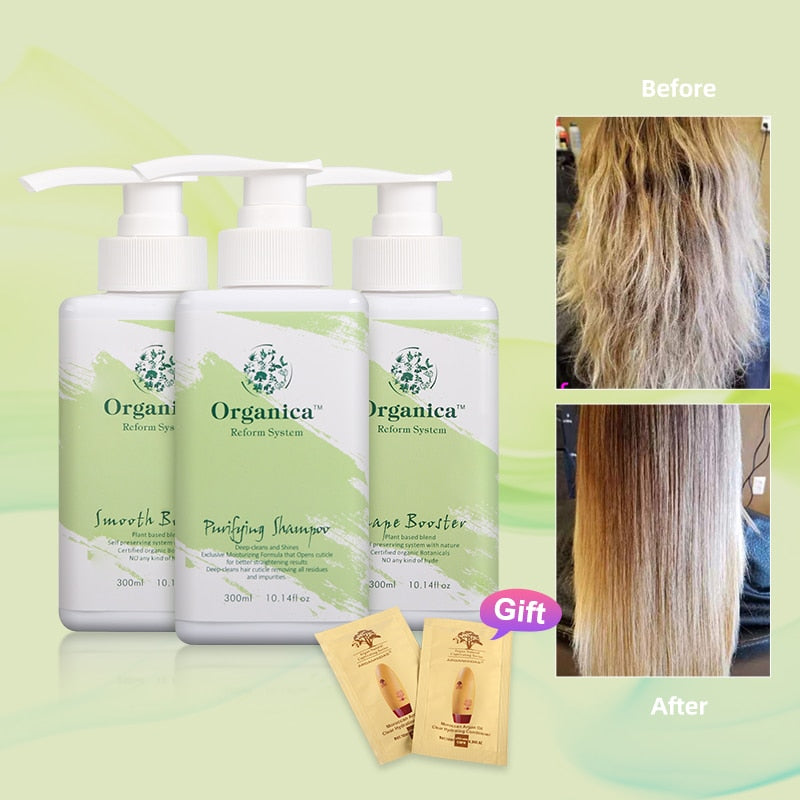 3pcs Organica Keratin hydrolyzed keratin 300ml Purifying shampoo+300ml Shape Booster+300ml Smooth Booster Hair Keratin Treatment