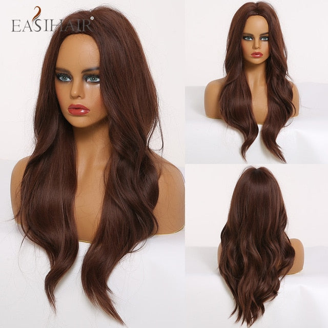 EASIHAIR Long Wavy Brown Synthetic Wigs With Blonde Highlights Cosplay Natural Hair Wigs High Temperature Fiber For Black Women