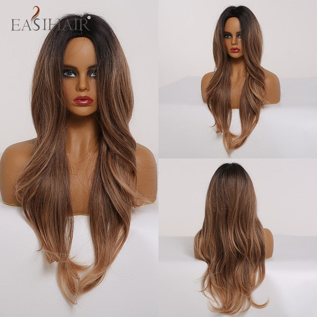 EASIHAIR Long Wavy Brown Synthetic Wigs With Blonde Highlights Cosplay Natural Hair Wigs High Temperature Fiber For Black Women