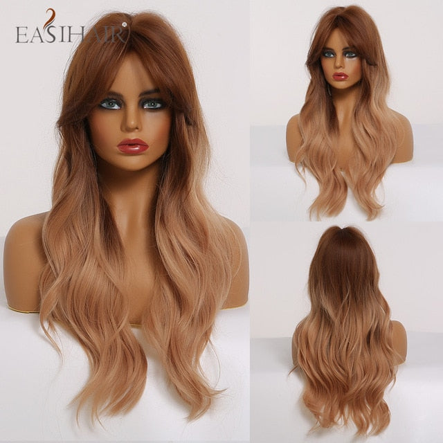 EASIHAIR Long Wavy Brown Synthetic Wigs With Blonde Highlights Cosplay Natural Hair Wigs High Temperature Fiber For Black Women