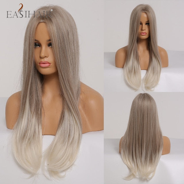 EASIHAIR Long Wavy Brown Synthetic Wigs With Blonde Highlights Cosplay Natural Hair Wigs High Temperature Fiber For Black Women
