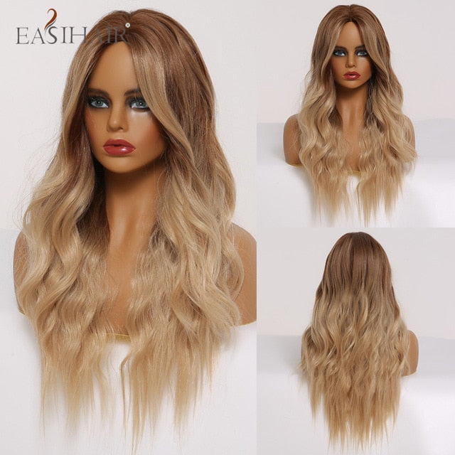 EASIHAIR Long Wavy Brown Synthetic Wigs With Blonde Highlights Cosplay Natural Hair Wigs High Temperature Fiber For Black Women