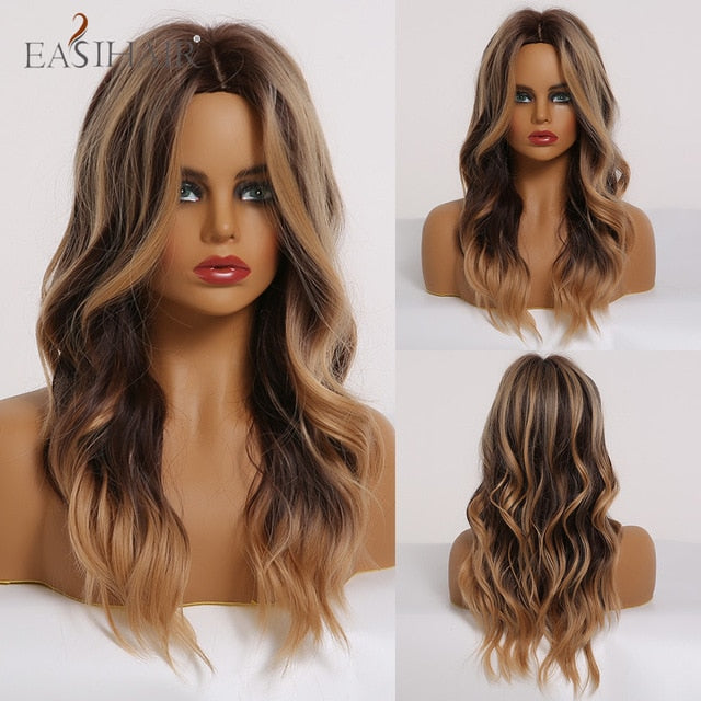 EASIHAIR Long Wavy Brown Synthetic Wigs With Blonde Highlights Cosplay Natural Hair Wigs High Temperature Fiber For Black Women