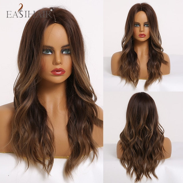 EASIHAIR Long Wavy Brown Synthetic Wigs With Blonde Highlights Cosplay Natural Hair Wigs High Temperature Fiber For Black Women