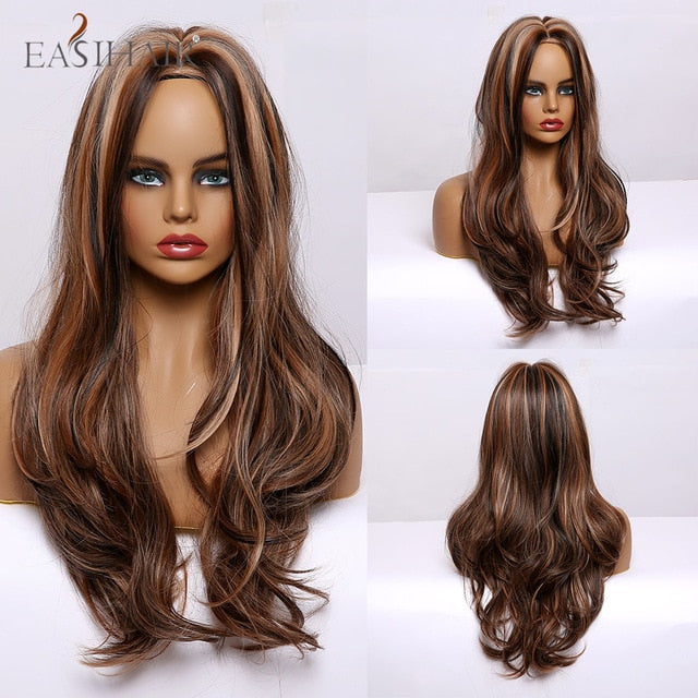 EASIHAIR Long Wavy Brown Synthetic Wigs With Blonde Highlights Cosplay Natural Hair Wigs High Temperature Fiber For Black Women