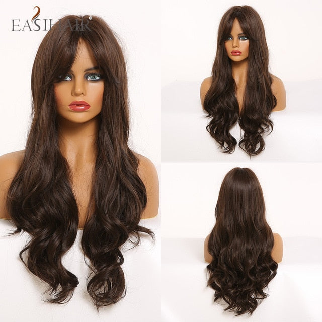 EASIHAIR Long Wavy Brown Synthetic Wigs With Blonde Highlights Cosplay Natural Hair Wigs High Temperature Fiber For Black Women