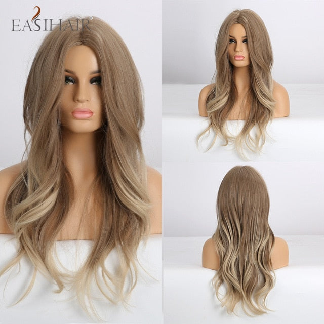 EASIHAIR Long Wavy Brown Synthetic Wigs With Blonde Highlights Cosplay Natural Hair Wigs High Temperature Fiber For Black Women