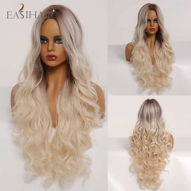 EASIHAIR Long Wavy Brown Synthetic Wigs With Blonde Highlights Cosplay Natural Hair Wigs High Temperature Fiber For Black Women