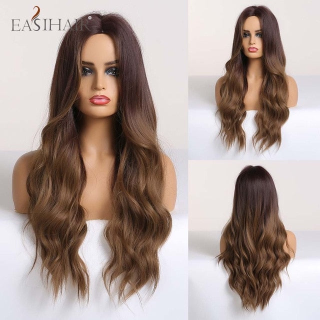 EASIHAIR Long Wavy Brown Synthetic Wigs With Blonde Highlights Cosplay Natural Hair Wigs High Temperature Fiber For Black Women