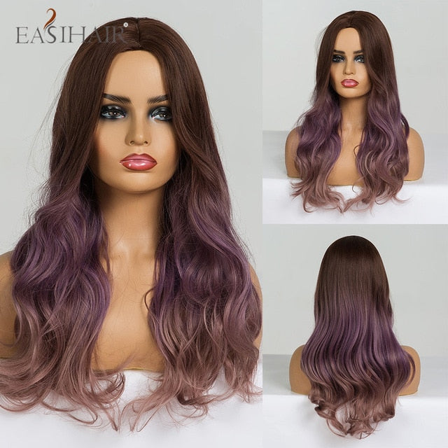 EASIHAIR Long Wavy Brown Synthetic Wigs With Blonde Highlights Cosplay Natural Hair Wigs High Temperature Fiber For Black Women