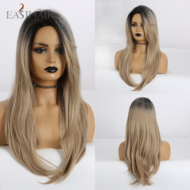 EASIHAIR Long Wavy Brown Synthetic Wigs With Blonde Highlights Cosplay Natural Hair Wigs High Temperature Fiber For Black Women