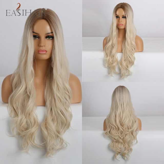 EASIHAIR Long Wavy Brown Synthetic Wigs With Blonde Highlights Cosplay Natural Hair Wigs High Temperature Fiber For Black Women