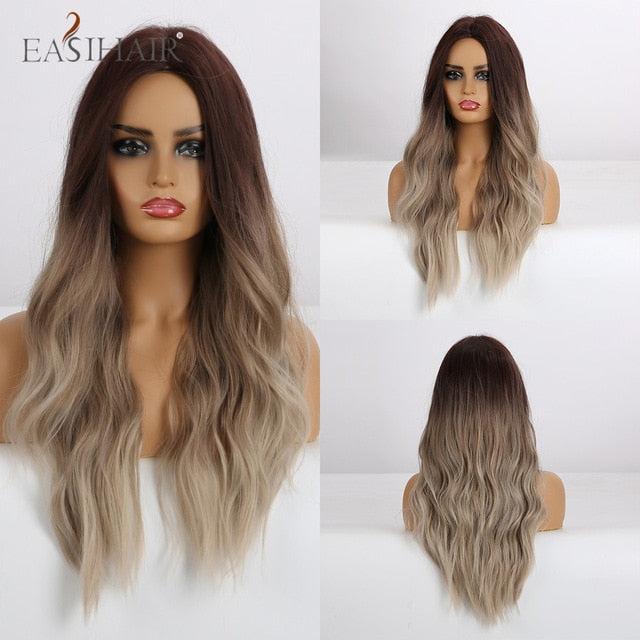 EASIHAIR Long Wavy Brown Synthetic Wigs With Blonde Highlights Cosplay Natural Hair Wigs High Temperature Fiber For Black Women