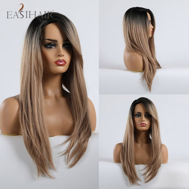 EASIHAIR Long Wavy Brown Synthetic Wigs With Blonde Highlights Cosplay Natural Hair Wigs High Temperature Fiber For Black Women