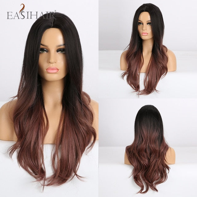 EASIHAIR Long Wavy Brown Synthetic Wigs With Blonde Highlights Cosplay Natural Hair Wigs High Temperature Fiber For Black Women